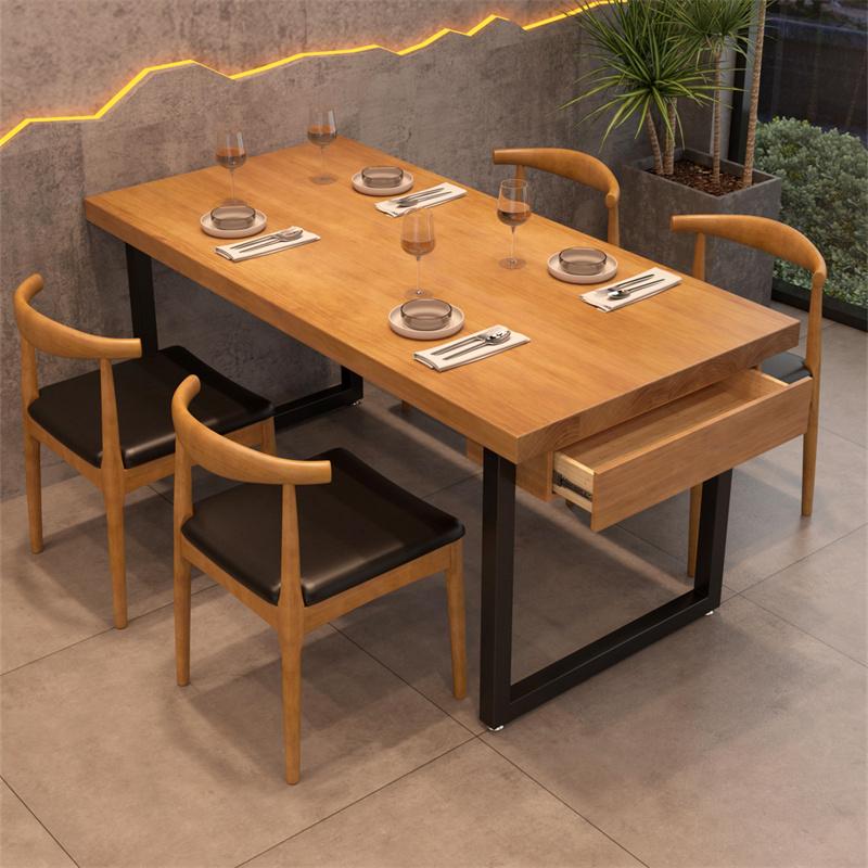 简约长方形实木桌椅组合串串火锅店长餐桌条桌饭厅料理商用抽屉带