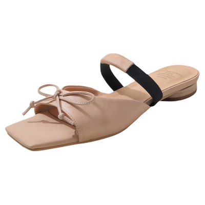 时髦简约 Literary牛皮真皮方头蝴蝶结一字拖女气质外穿凉拖鞋子