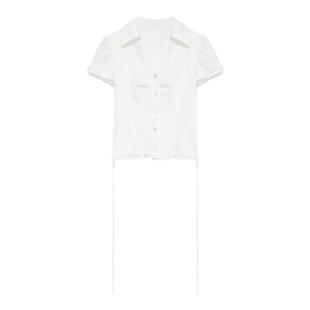 贰羊设计【素缕】1oo棉u领白色短袖衬衫女夏法式收腰镂空提花上衣