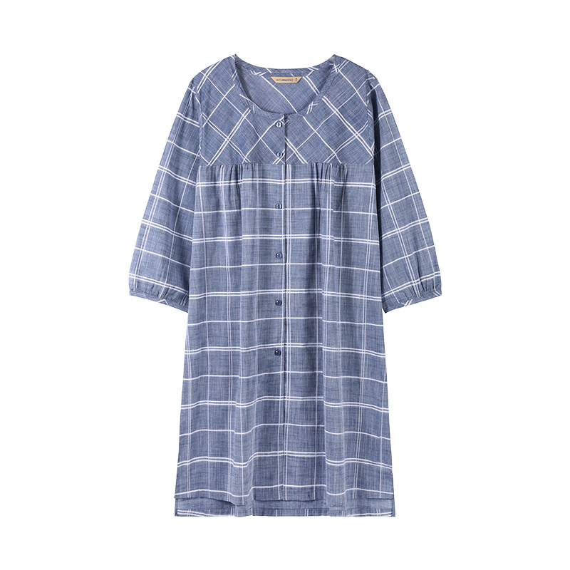 秋鹿【商场同款】梭织竹节纱色织格纯棉睡衣女秋季中袖家居服睡裙