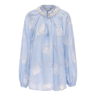 【李冰冰同款】XIAOLI筱李25春夏柠檬刺绣镂空V领套头衬衫女蓝/白