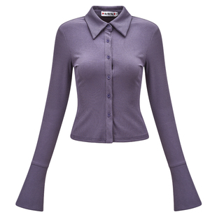 Go Girl Go 自制五色百搭polo翻领喇叭袖衬衫女美式修身长袖上衣