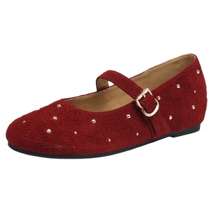 星期六红色真皮单鞋女2025新款春秋法式玛丽珍女鞋浅口平底小皮鞋