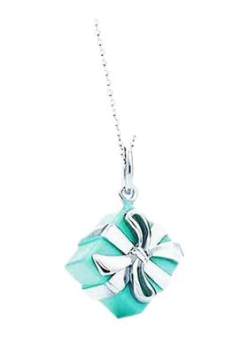 高版本Ⅴ金蓝珐琅礼物盒项链女 时尚轻奢LOVE蝴蝶结吊坠锁骨链