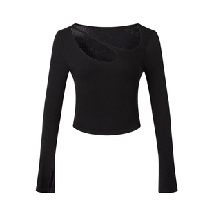 2023秋冬加绒打底衫黑色性感镂空上衣女紧身露锁骨内搭短款T恤衫