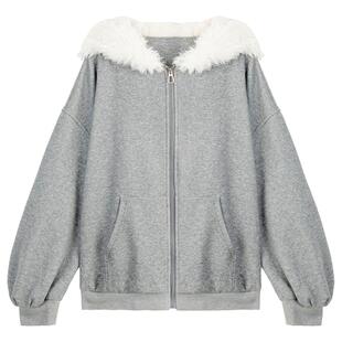 KEIKO 可爱兔耳连帽灰色宽松外套女25秋冬慵懒休闲拉链卫衣开衫