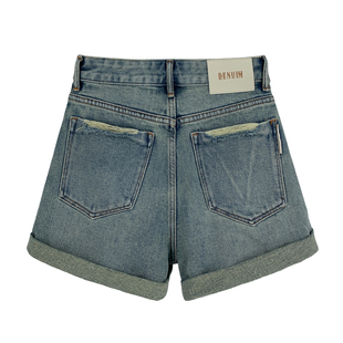 【现货】西草儿6009牛仔短裤女夏季新裤薄款浅蓝色卷边a字阔腿裤