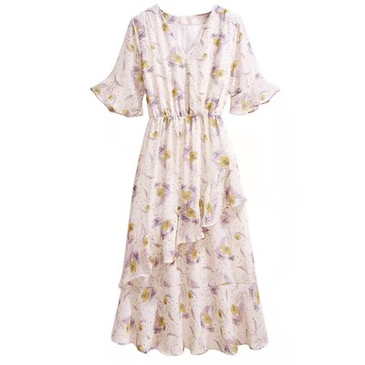 娃娃领收腰雪纺小清新雪纺碎花