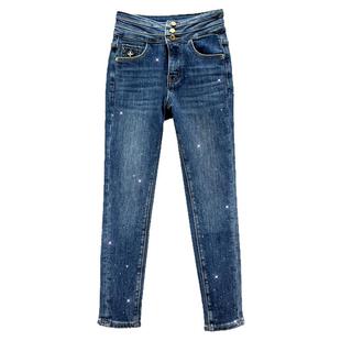 加绒牛仔小脚裤女2025年冬季新款弹力高腰修身显瘦烫钻九分铅笔裤