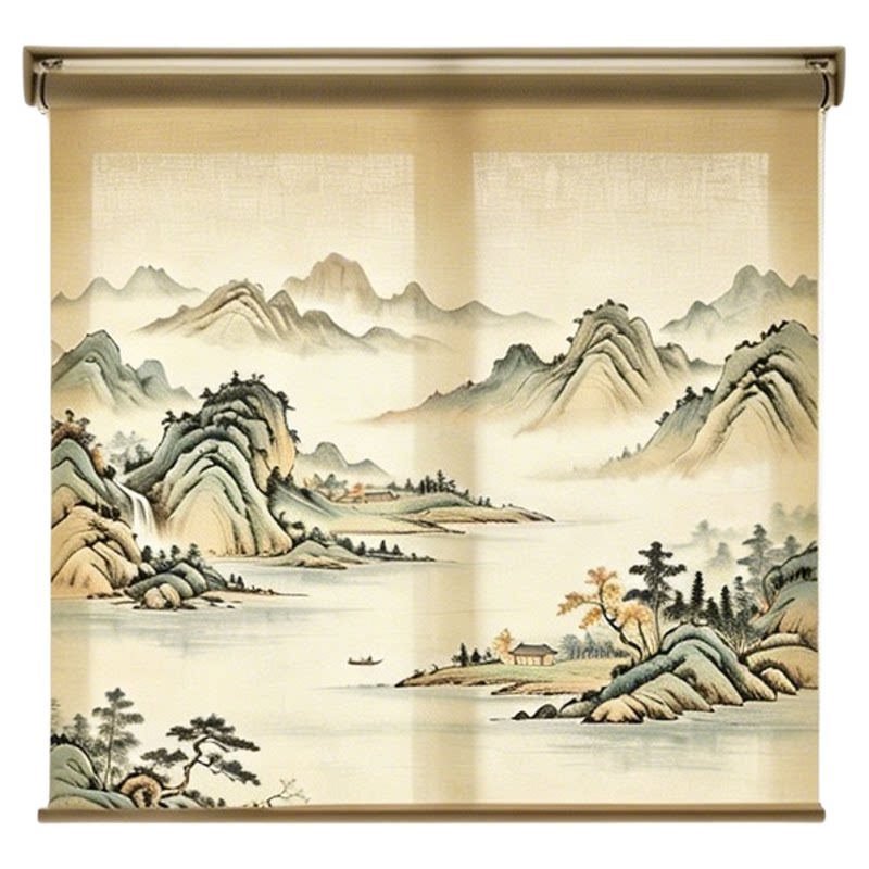 山水半遮光卷帘水墨窗帘定制意境