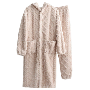 珊瑚绒睡袍长裤家居服套装男女秋冬季加厚法兰绒情侣北极绒睡衣