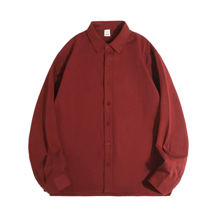 安可拉红!复古纯棉酒红色红色长袖衬衫男女休闲开衫衬衣外套
