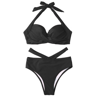 2025新款黑色挂脖大码胖MM时尚性感高腰比基尼钢圈聚拢分体泳衣