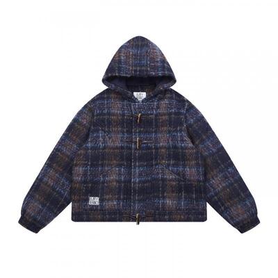 EMPTYREFERENCE蓝棕格纹连帽毛呢外套牛角扣重磅充棉格子夹克棉衣