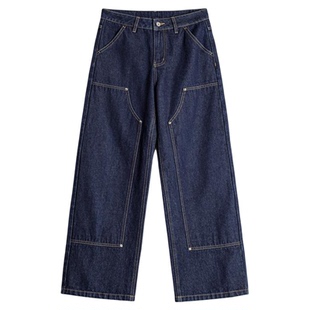 马登复古水洗丹宁蓝原色微宽松拼接双膝小直筒工装牛仔裤子女士春