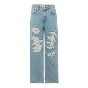 RECTO春季蓝色棉质做旧破洞设计女宽松水洗牛仔裤银泰百货
