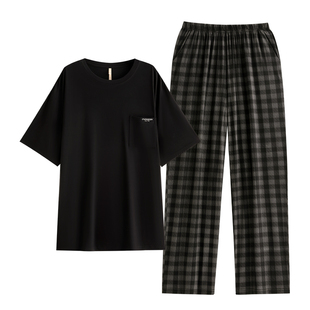 家乐芬睡衣男士夏天款夏季莫代尔家居服男款短袖长裤格子休闲套装