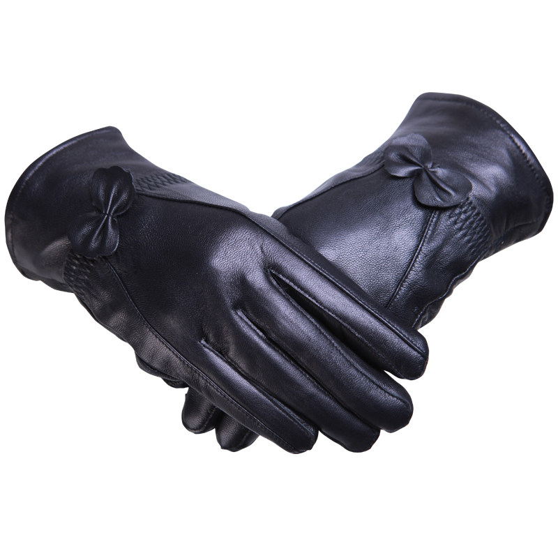 真皮手套女士绵羊皮蝴蝶结冬季保暖加绒加厚款骑行开车户外皮手套