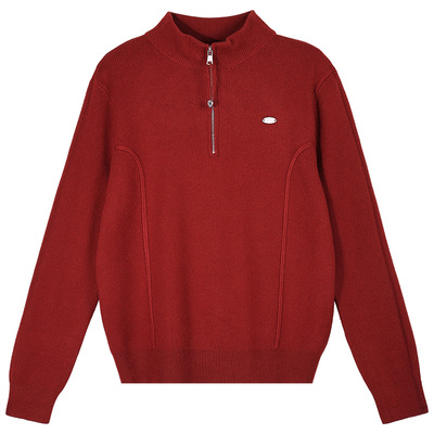 半拉链毛衣女款红色针织衫上衣