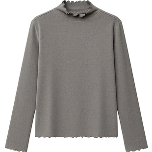 DM100大码百分百女装微胖mm秋季百搭纯色波边立领T恤德绒打底衫