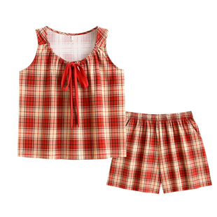悦内带胸垫睡衣女款夏季夏天纯棉无袖背心短裤家居服红色时尚格子