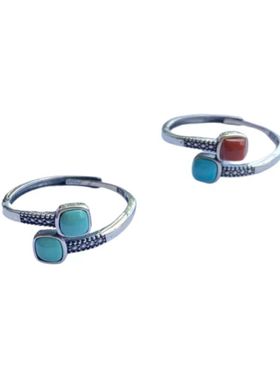 s925纯银镶嵌原矿绿松石南红戒指