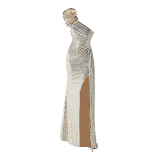 重工晚礼服女2026新款法式轻奢小众高级感设计气质名媛斜肩宴会裙