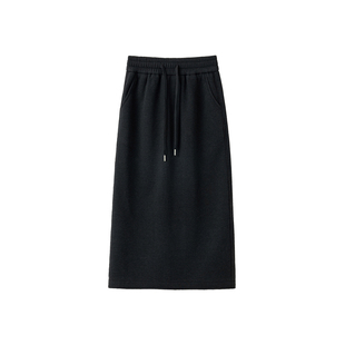 加绒黑色毛呢半身裙女秋冬2025新款松紧高腰中长款开叉a字包臀裙