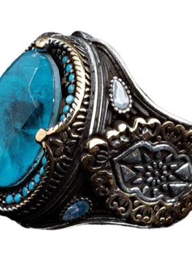 男纯银复古蓝色石英宝石镶嵌戒指