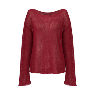 IAmMIX27春季套头针织衫女长袖简约时尚镂空一字领圆领毛衣女宽松