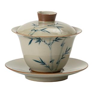 画续草木灰手绘竹子三才盖碗茶杯单个泡茶功夫茶具茶碗中式家用女