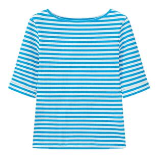 UNRETRO卷边五分袖设计船领蓝白条纹T恤女弹力修身针织打底衫上衣