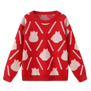 阿路和如allolugh2025秋冬新款男童女童新年套头针织毛衫红色毛衣