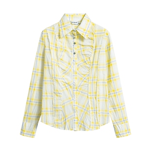 Desigual26春夏新品黄色格纹拼接毛边设计女式衬衫