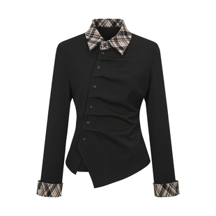 dorydory 撞色格纹压褶收腰衬衫2026春新款百搭显瘦设计感上衣女