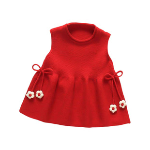 女童针织马甲背心裙秋冬宝宝毛衣连衣裙婴儿童红色毛线公主裙子新