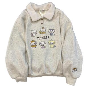 韩系小众设计款加绒加厚卫衣女猫咪刺绣宽松减龄polo领保暖上衣潮