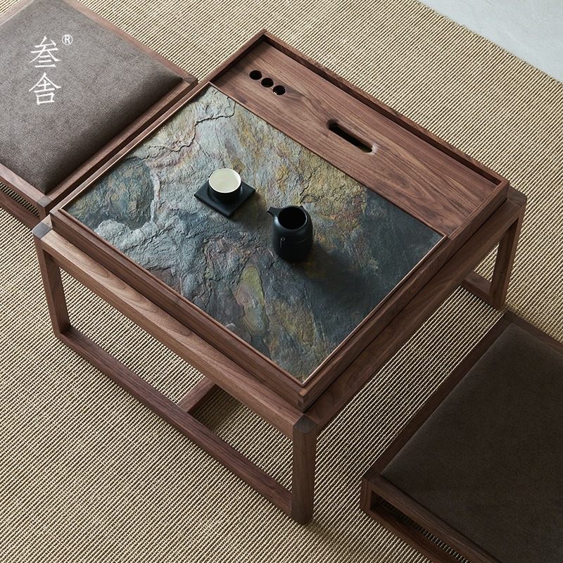 叁舍日式收纳茶桌黑胡桃实木阳台矮茶台禅意榻榻米地台小型泡茶桌