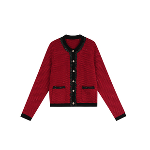 MANNALA丨“红香奈”新年红柔糯美丽诺羊毛撞色收腰香风毛衣Q4894