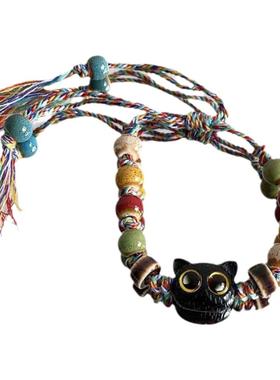 卡通超萌大眼猫头手链女小众设计感彩色串珠手串五彩手工编织手绳