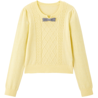 乐町绞花奶黄色针织衫春格纹蝴蝶结正肩合体上衣miu系针织衫毛衣