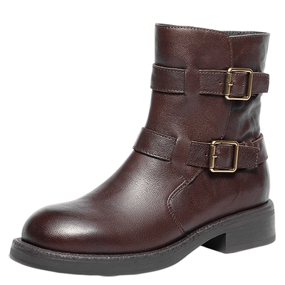 森达羊皮复古西部靴女2025冬新商场同款皮带扣机车风中筒靴XTP01
