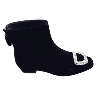 法式粗跟方扣水钻加绒时尚短靴2025冬新款百搭显瘦绒面瘦瘦靴女靴