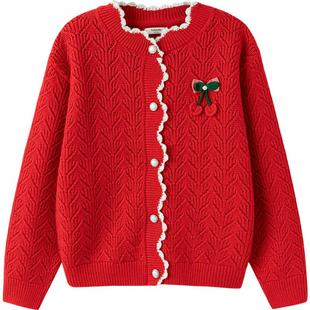 巴拉巴拉亲子装针织衫外套女童红色开衫毛衣春秋新款童装儿童上衣