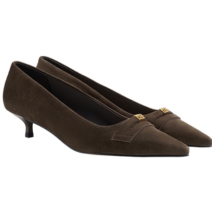 CHARLES&KEITH25冬新款SL1-60280494气质通勤真皮尖头绒面高跟鞋