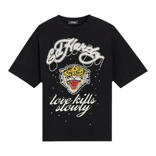 Ed Hardy埃德哈迪秋季新款圆领拔印烫钻logo女士短袖T恤