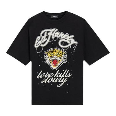 Ed Hardy埃德哈迪秋季新款圆领拔印烫钻logo女士短袖T恤