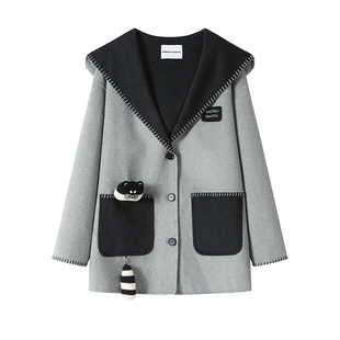 ANDREA MARTIN秋冬新款小浣熊双面呢连帽大衣女中长宽松外套