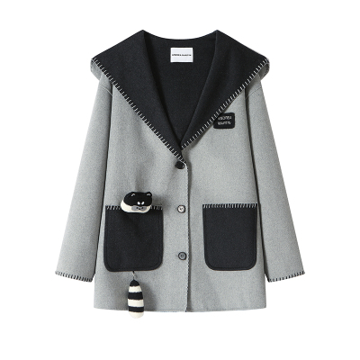 ANDREA MARTIN秋冬新款小浣熊双面呢连帽大衣女中长宽松外套