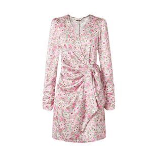 商场同款 摩萨克春装V领樱花粉碎花腰间印花立体剪裁连衣裙女